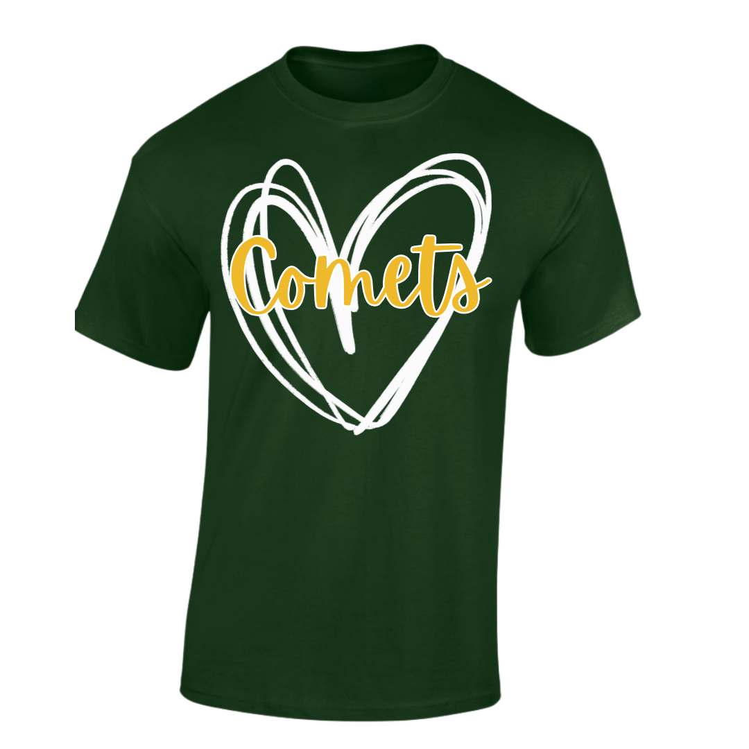 Green t-shirt with a white heart and 'Comets' text on a white background. Amherst Comets