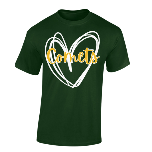 Green t-shirt with a white heart and 'Comets' text on a white background. Amherst Comets