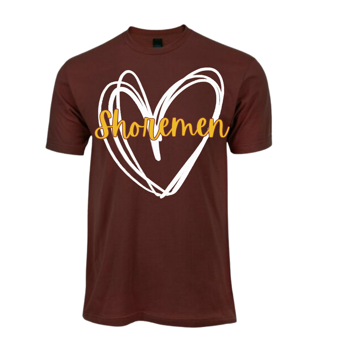Burgundy t-shirt with a white heart and 'Shoremen' text on a white background