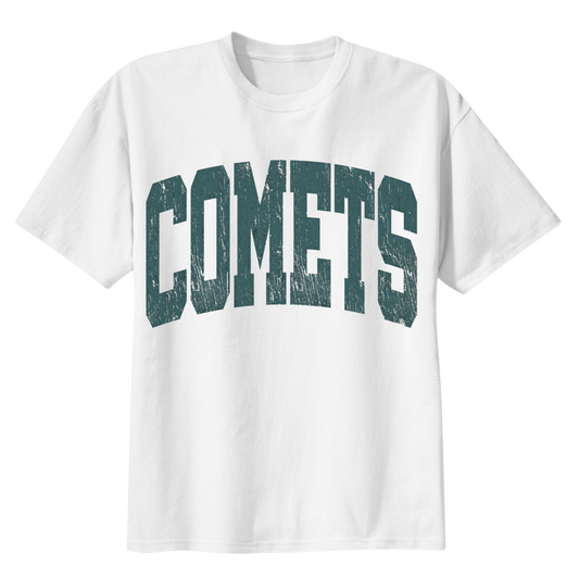 White t-shirt with 'COMETS' printed in green on a white background