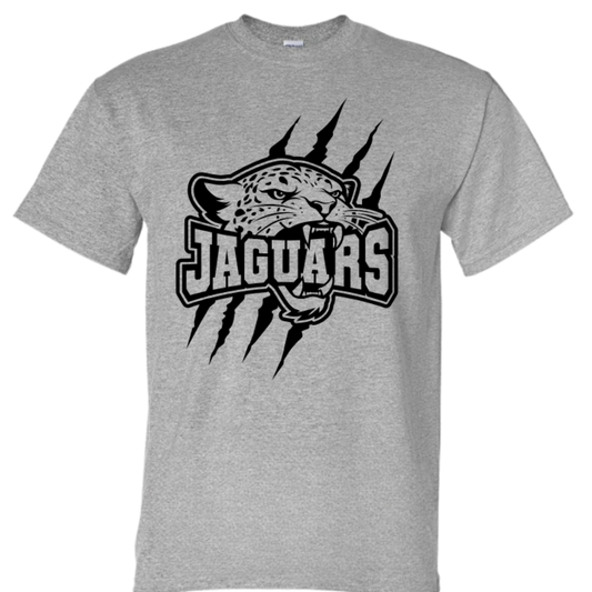 Gray t-shirt with St. Jude Jaguars logo on a white background