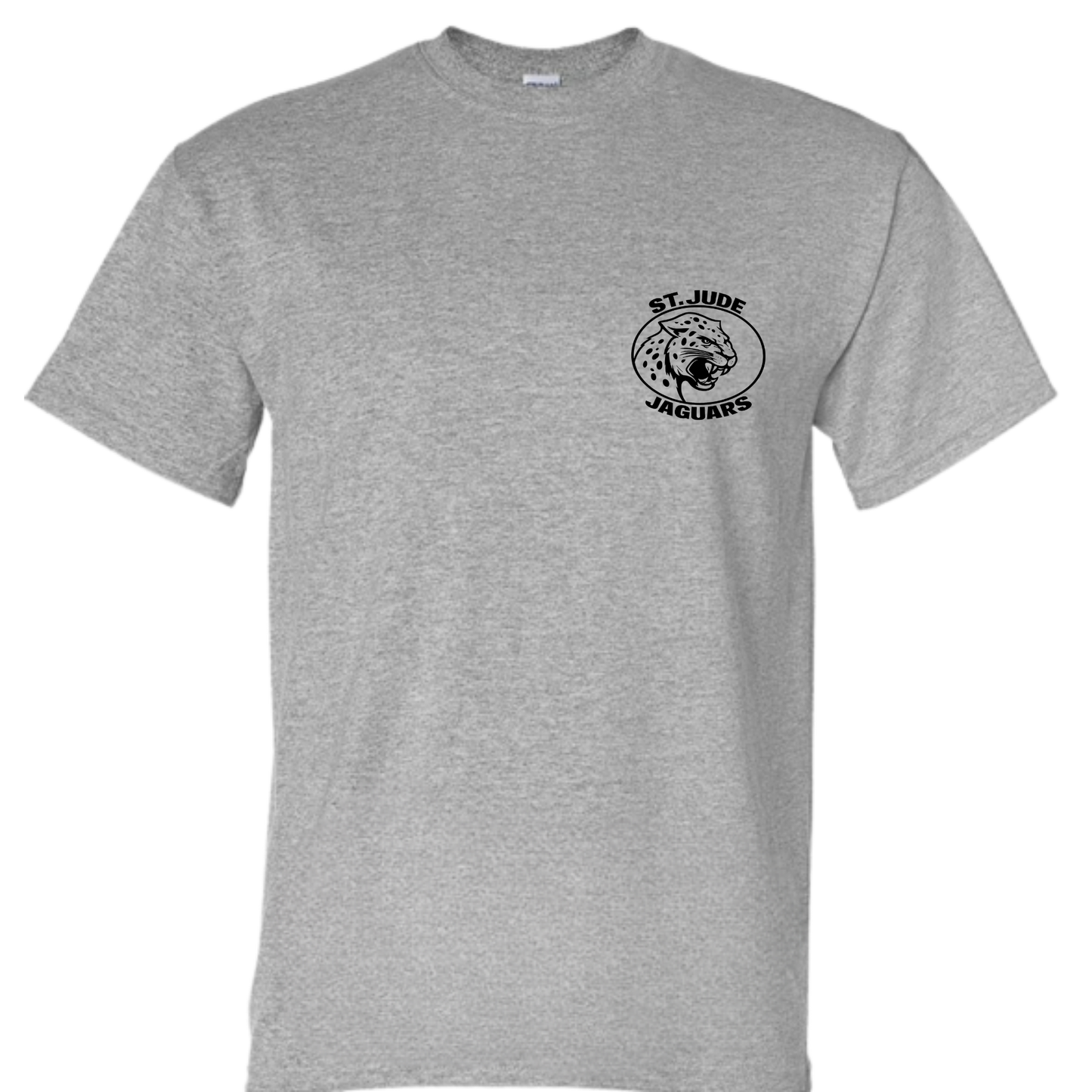 Gray t-shirt with St. Jude Jaguars logo on a white background