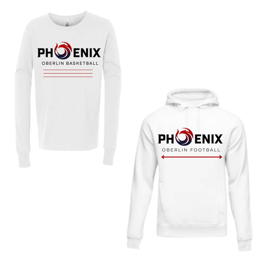 White long-sleeve shirt and hoodie with 'Phoenix Oberlin Basketball' and 'Phoenix Oberlin Football' logos on a white background.