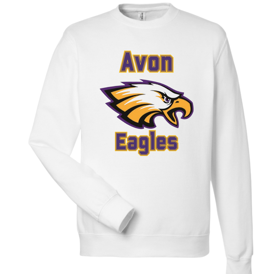 White sweatshirt with 'Avon Eagles' logo on a white background