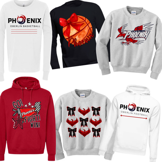 Collection of Phoenix-themed apparel including sweatshirts and hoodies with various designs.