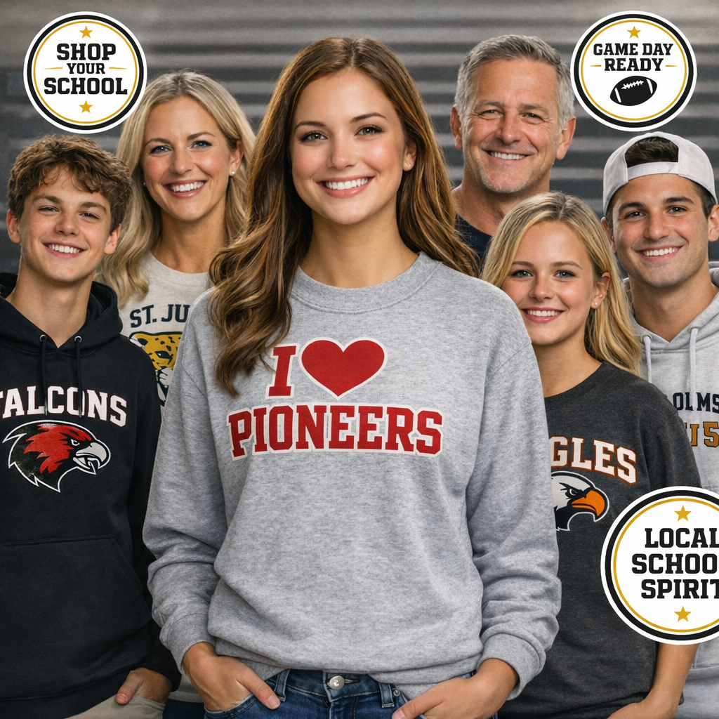 School spirit apparel collection featuring custom Falcons, Jaguars, Eagles, and Pioneers shirts and sweatshirts worn by students and families
