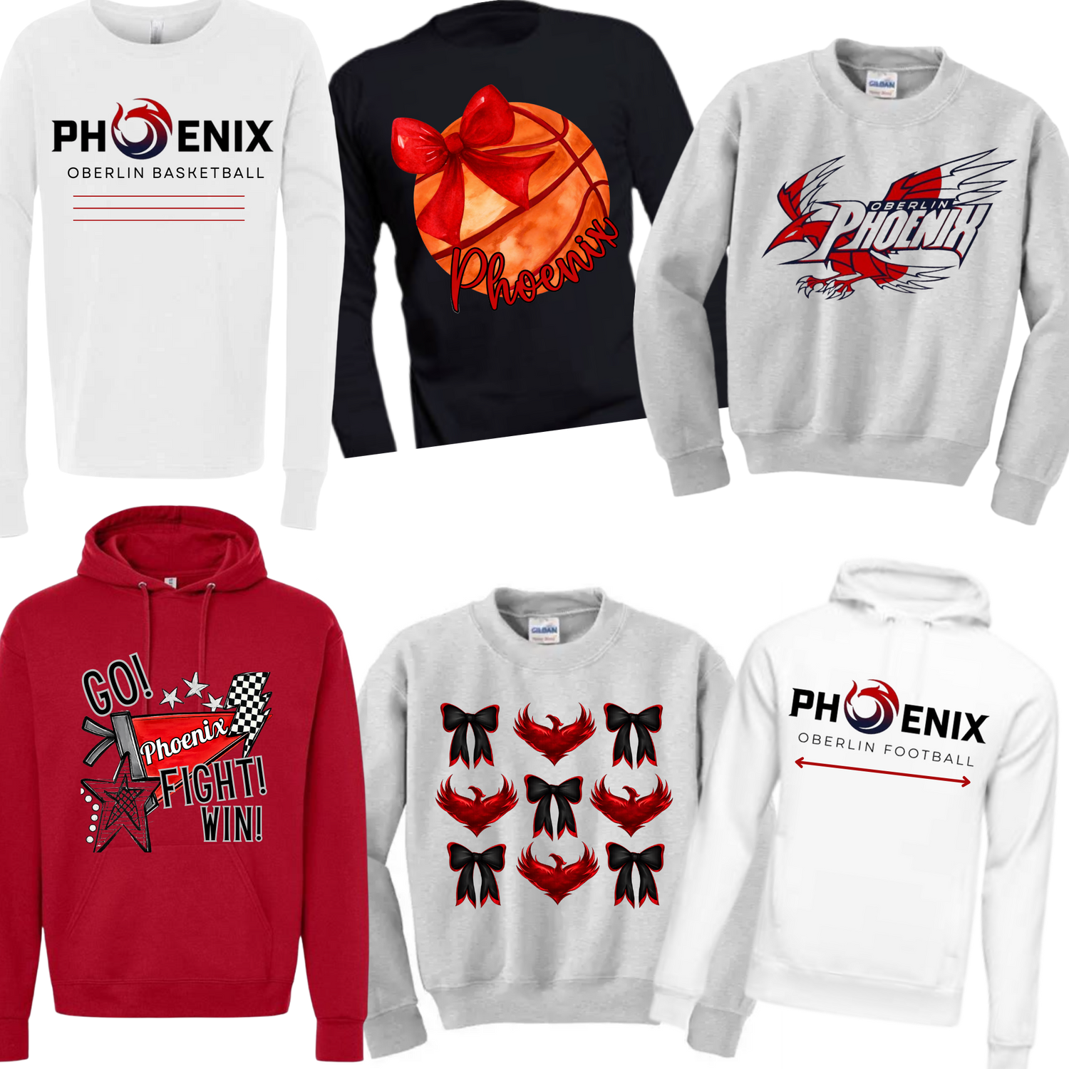 Oberlin Phoenix School Spirit Designs on 6 different shirts or sweatshirts