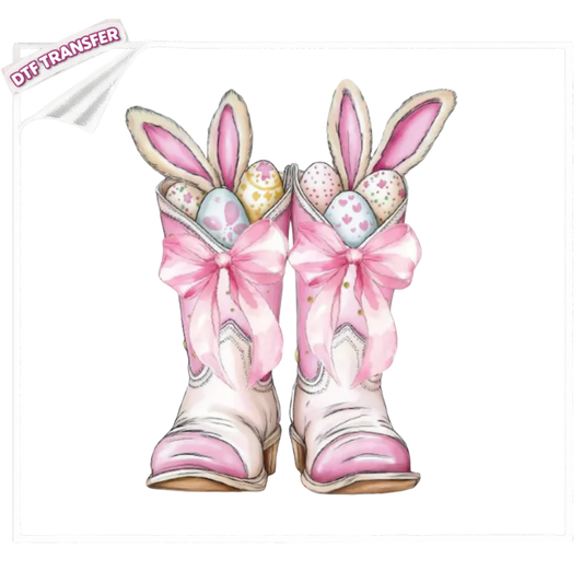 DTF Pink Easter Bunny Boots DTF Transfer – Bow & Egg Spring Design