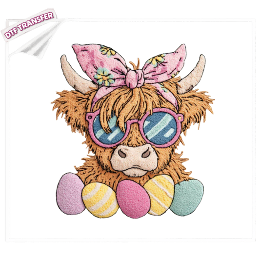 DTF Highland Cow Easter DTF Transfer – Pastel Eggs & Pink Bow Farmhouse Design