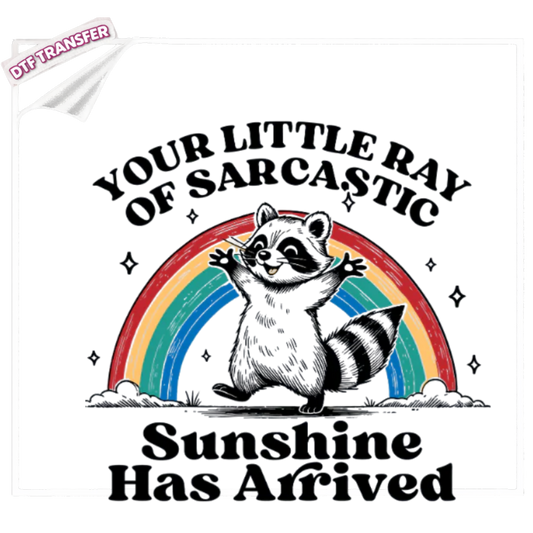 DTF Sarcastic Sunshine Raccoon DTF Transfer – Retro Rainbow Funny Graphic