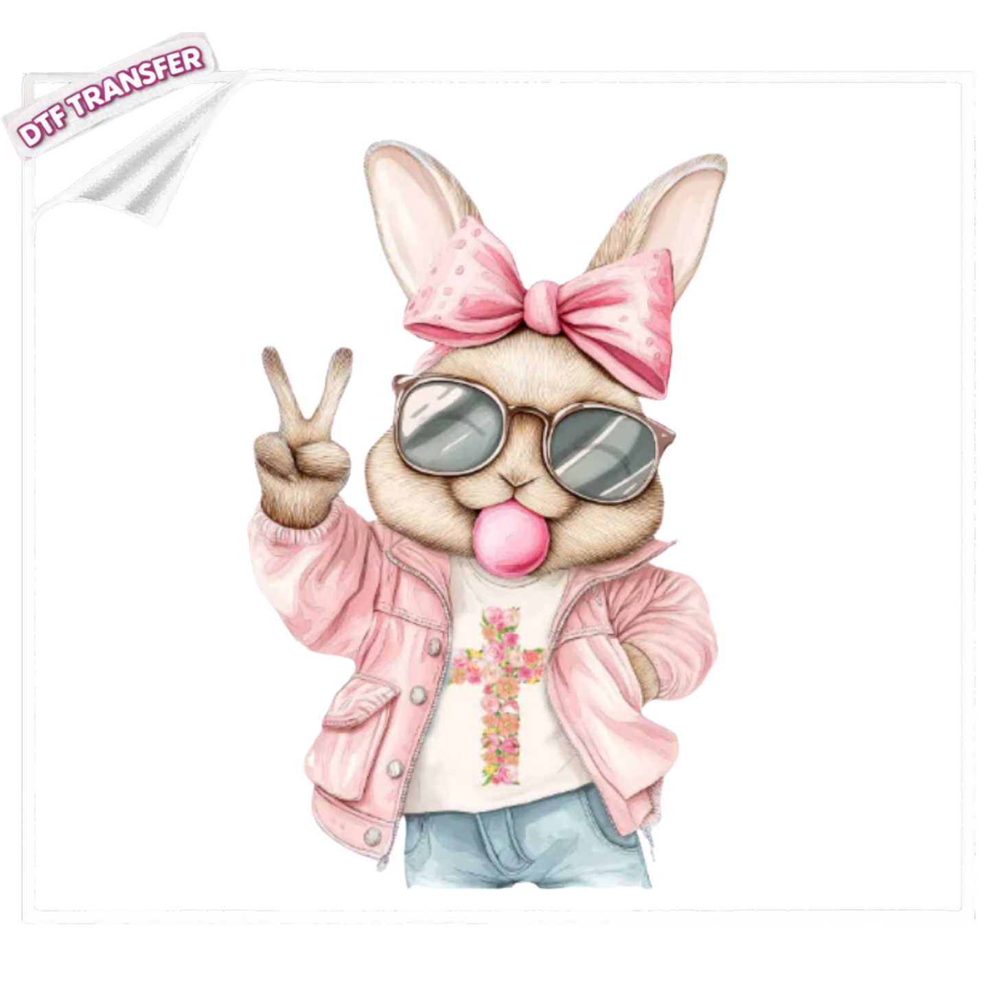DTF Peace Sign Easter Bunny DTF Transfer – Trendy Pink Jacket Spring Design
