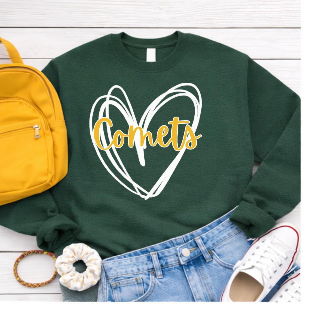 Green sweatshirt with 'Comets' design, yellow backpack, white sneakers, and denim shorts on a wooden surface.