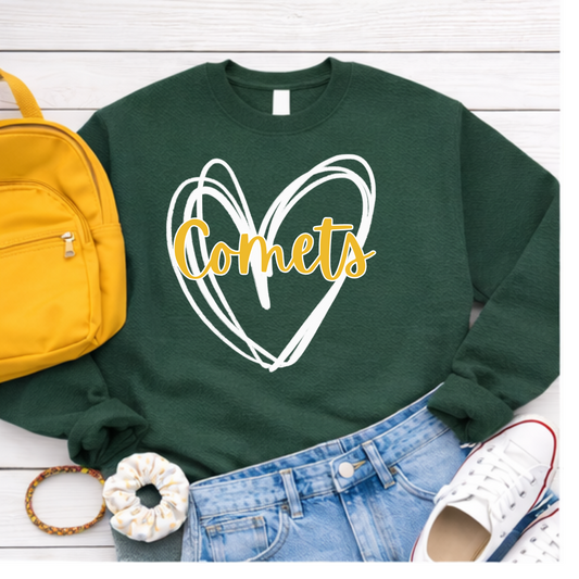 Green sweatshirt with 'Comets' design, yellow backpack, white sneakers, and denim shorts on a wooden surface.