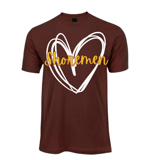 Burgundy t-shirt with a white heart and 'Shoremen' text on a white background