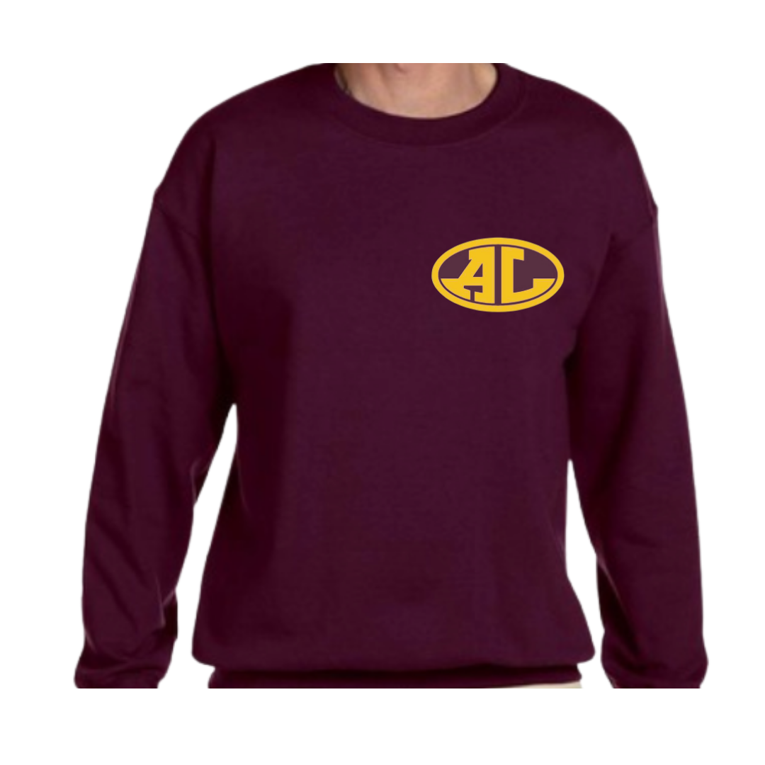 Maroon sweatshirt with yellow logo on a white background
