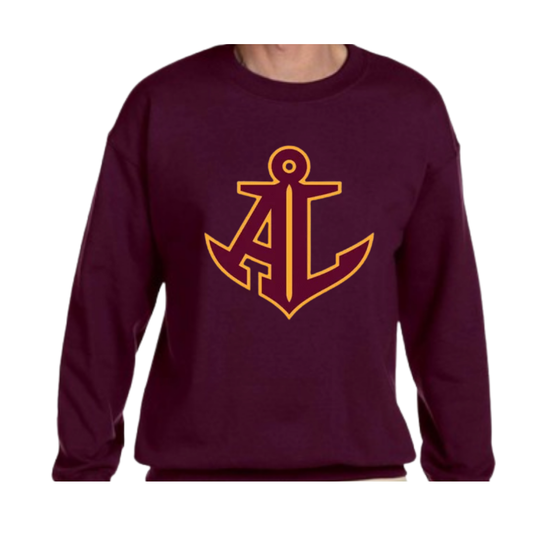 Maroon sweatshirt with a yellow anchor design on a white background