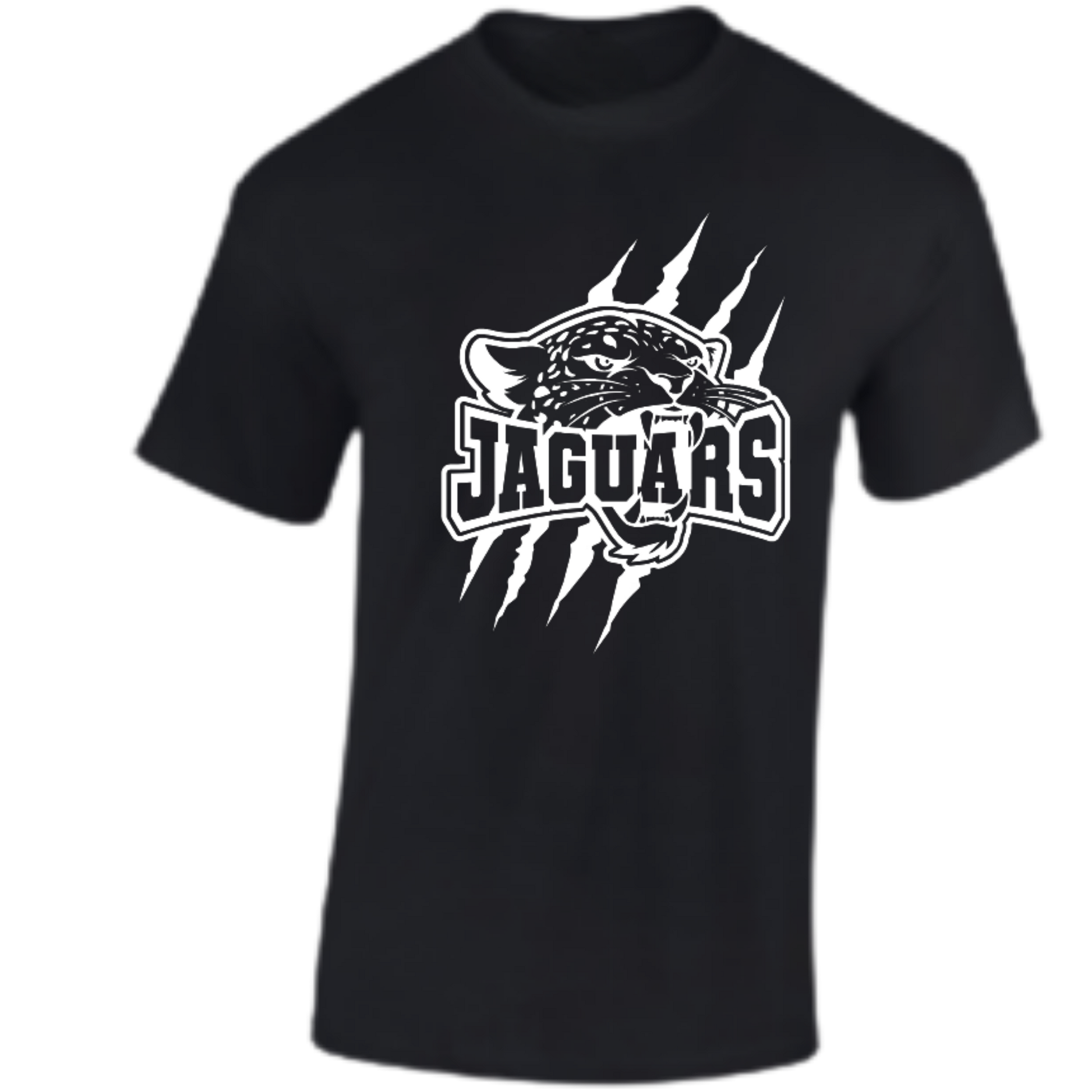 Black t-shirt with white 'Jaguars' logo on a white background
