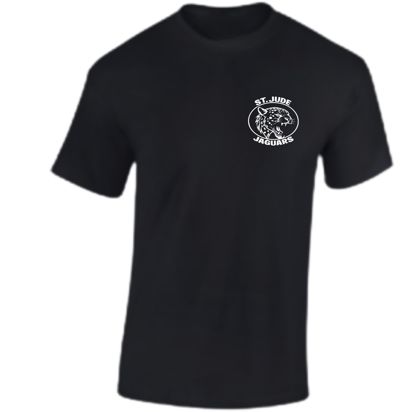 Black t-shirt with a white logo on the chest against a white background
