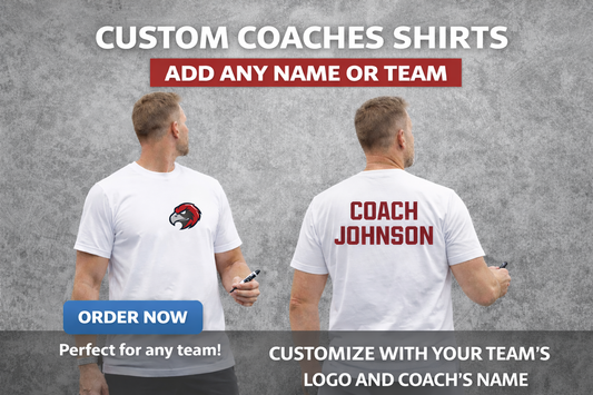 Coach wearing white t-shirts with logos and text, on a gray background with promotional text.