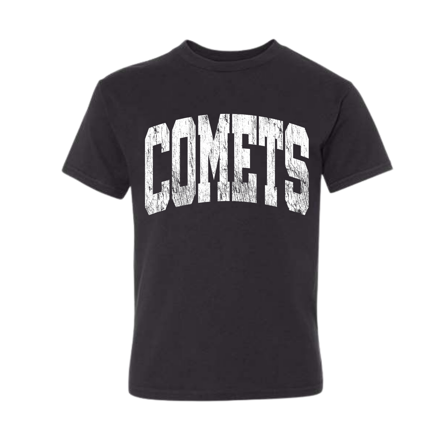 Black t-shirt with 'COMETS' printed in white on a white background
