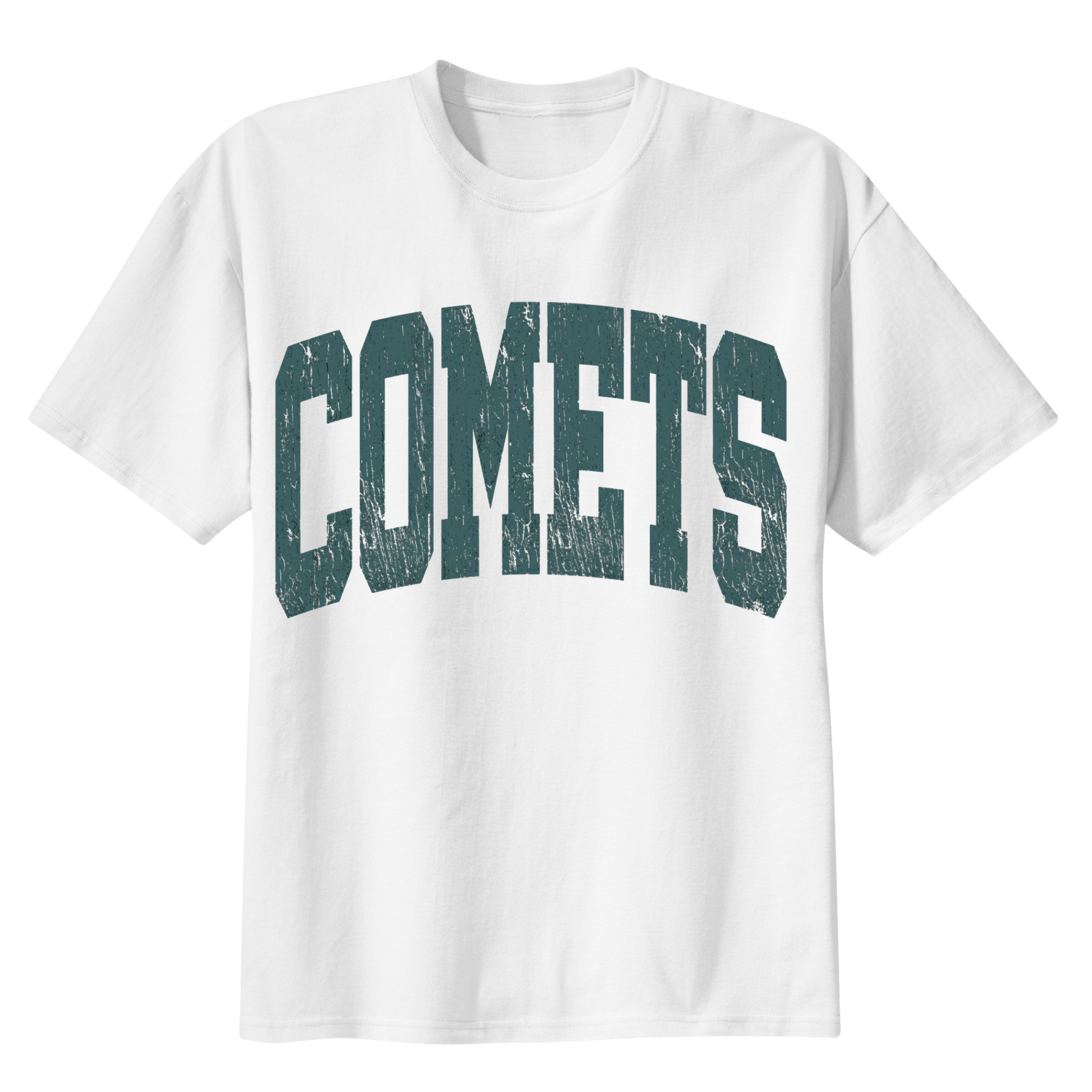 White t-shirt with 'COMETS' printed in green on a white background