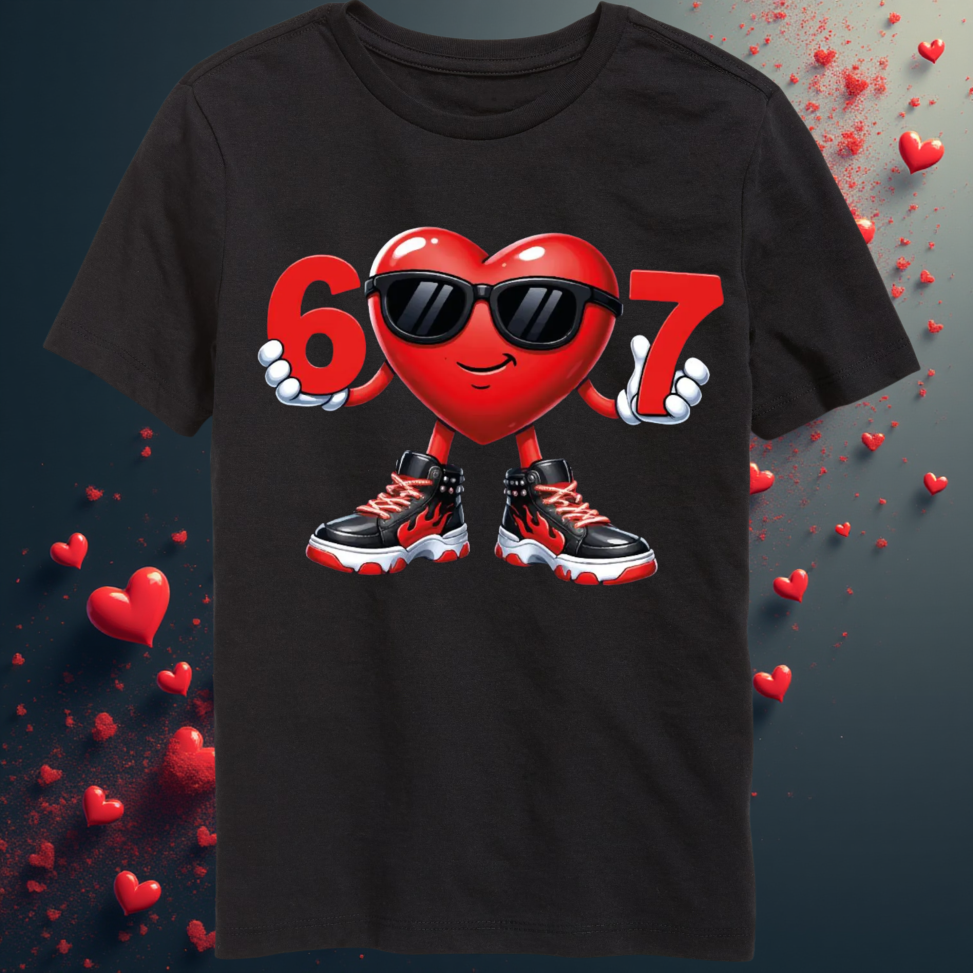 Black t-shirt with a red heart character wearing sunglasses and shoes, surrounded by small red hearts on a dark background.