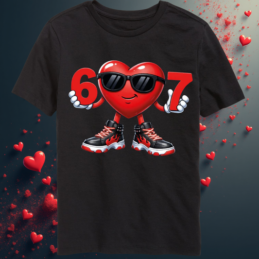 Black t-shirt with a red heart character wearing sunglasses and shoes, surrounded by small red hearts on a dark background.