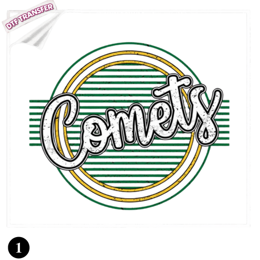 Amherst Comets vintage arch DTF heat transfer with gold lettering and athletic A logo
