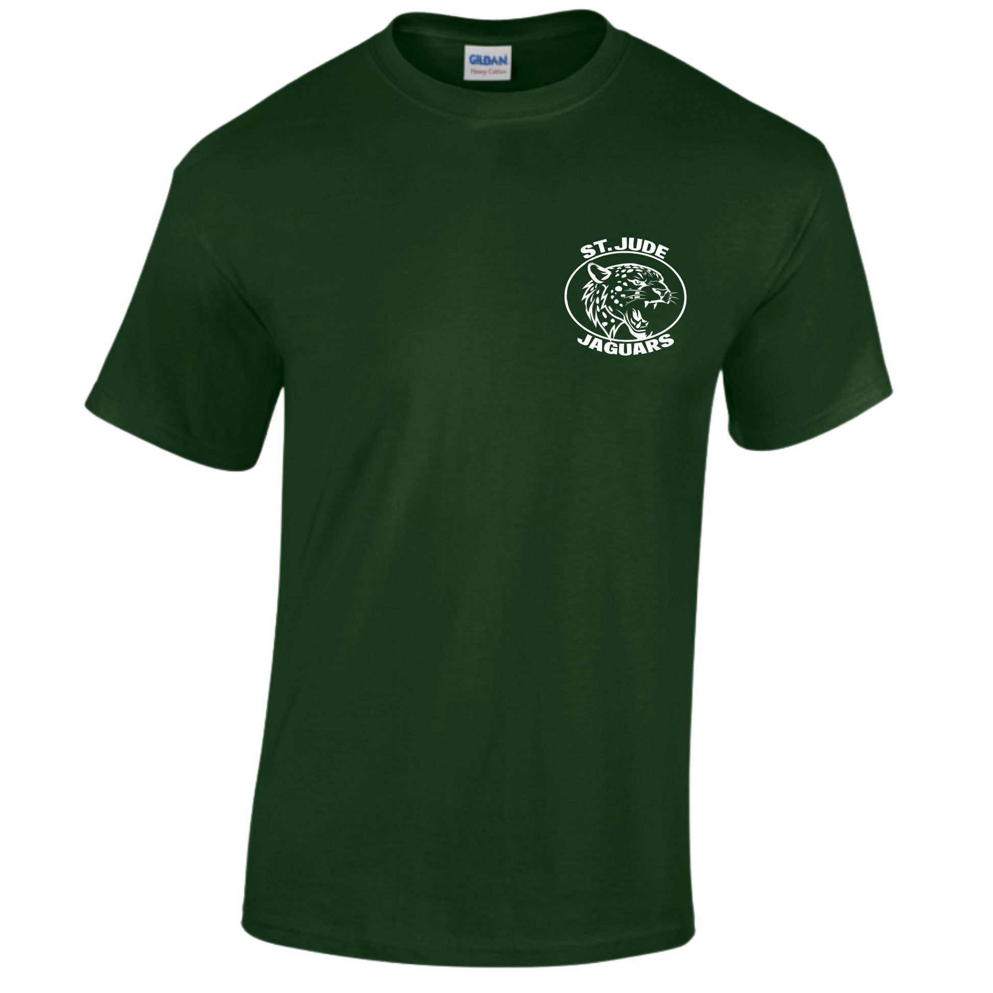 Green t-shirt with a white logo on a white background