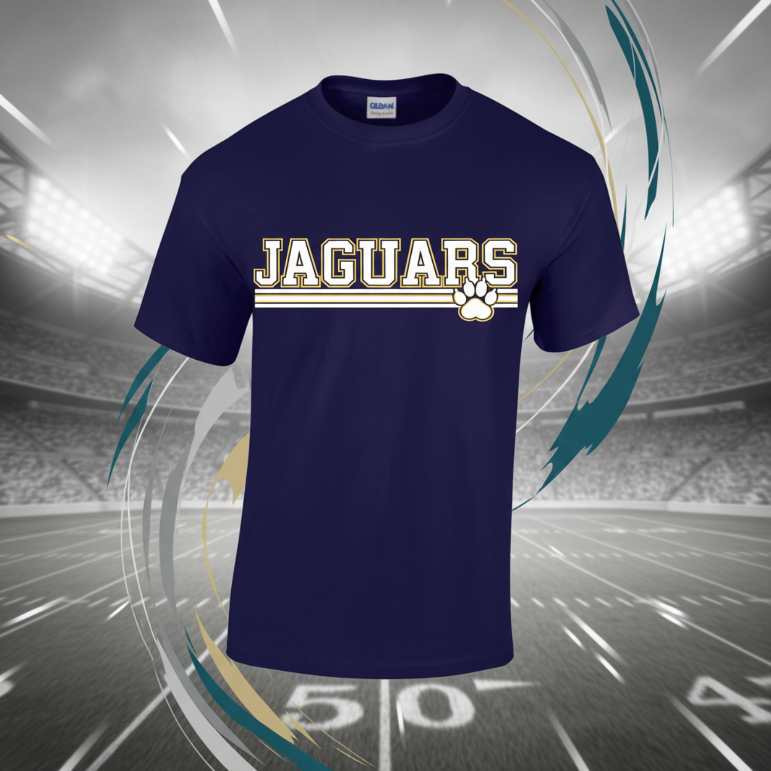 Navy blue t-shirt with 'Jaguars' text and paw print on a white background