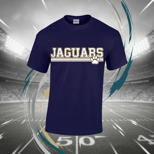 Navy blue t-shirt with 'Jaguars' text and paw print on a white background
