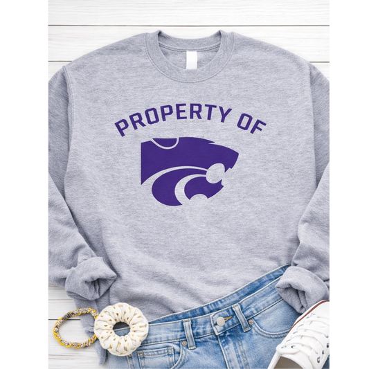 Gray sweatshirt with purple logo and text 'PROPERTY OF' on a white background