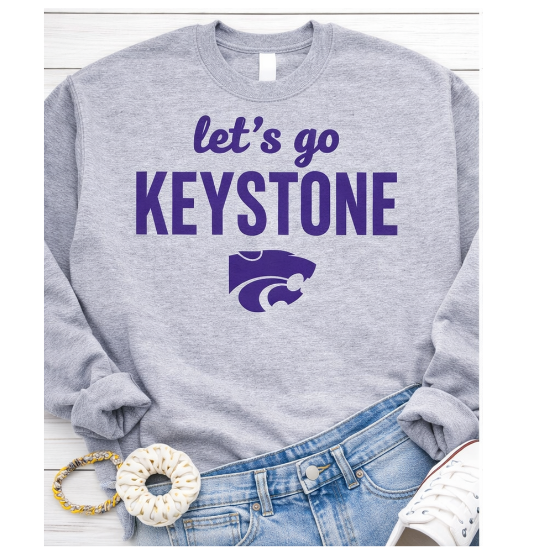 Gray sweatshirt with 'let's go Keystone' text and logo on a white background