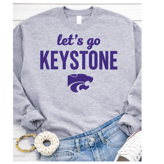 Gray sweatshirt with 'let's go Keystone' text and logo on a white background