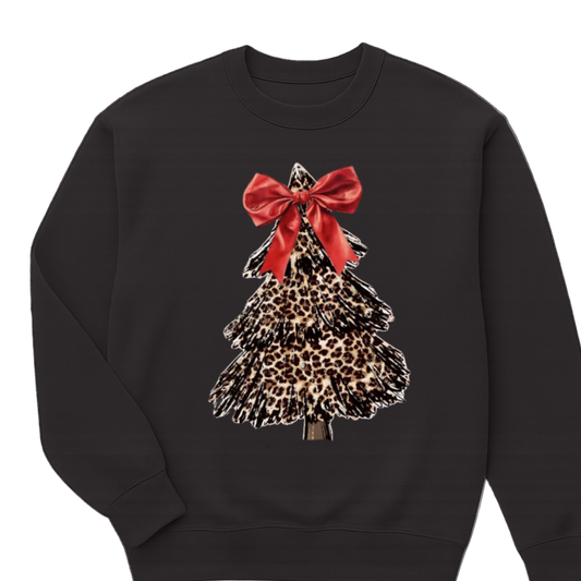 Black sweatshirt with a leopard print Christmas tree design and red bow 