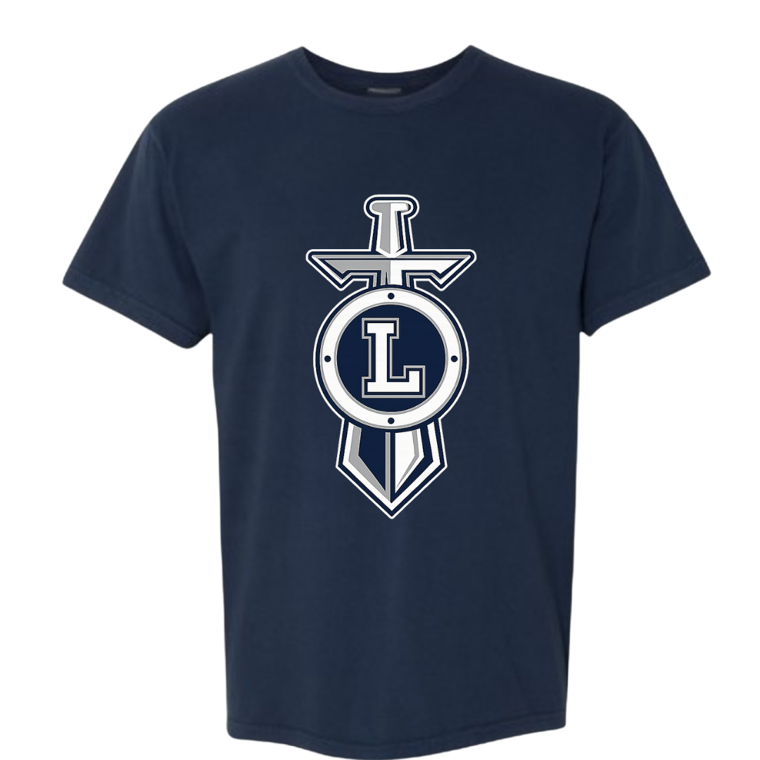 Navy blue t-shirt with a white logo featuring a letter 'L' on a white background