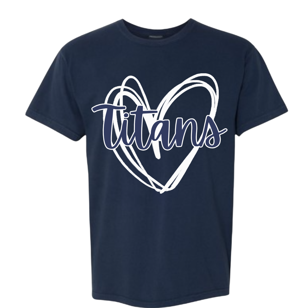 Navy blue t-shirt with 'Titans' in a heart shape on a white background