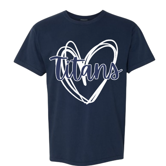 Navy blue t-shirt with 'Titans' in a heart shape on a white background