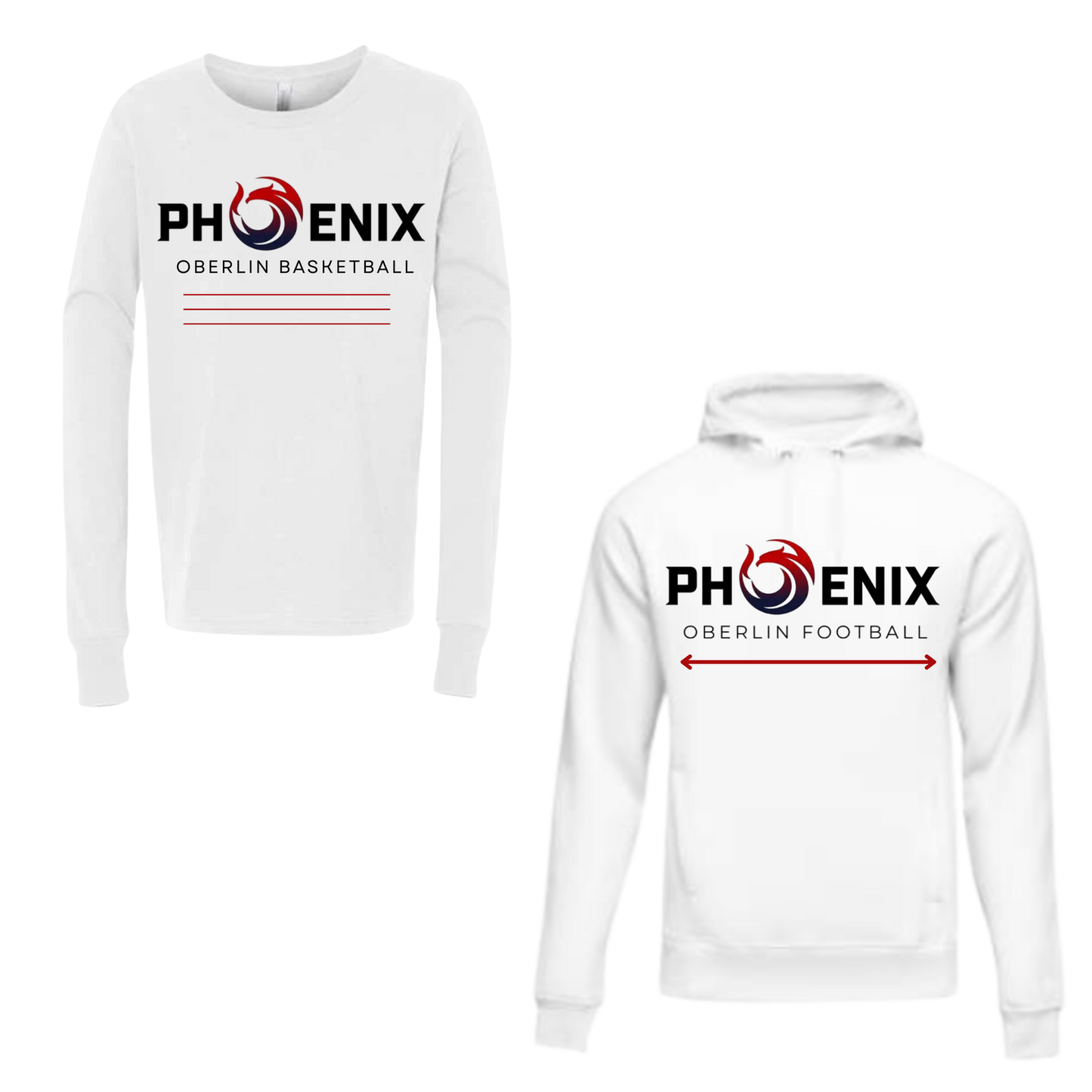 White long-sleeve shirt and hoodie with 'Phoenix Oberlin Basketball' and 'Phoenix Oberlin Football' logos on a white background.