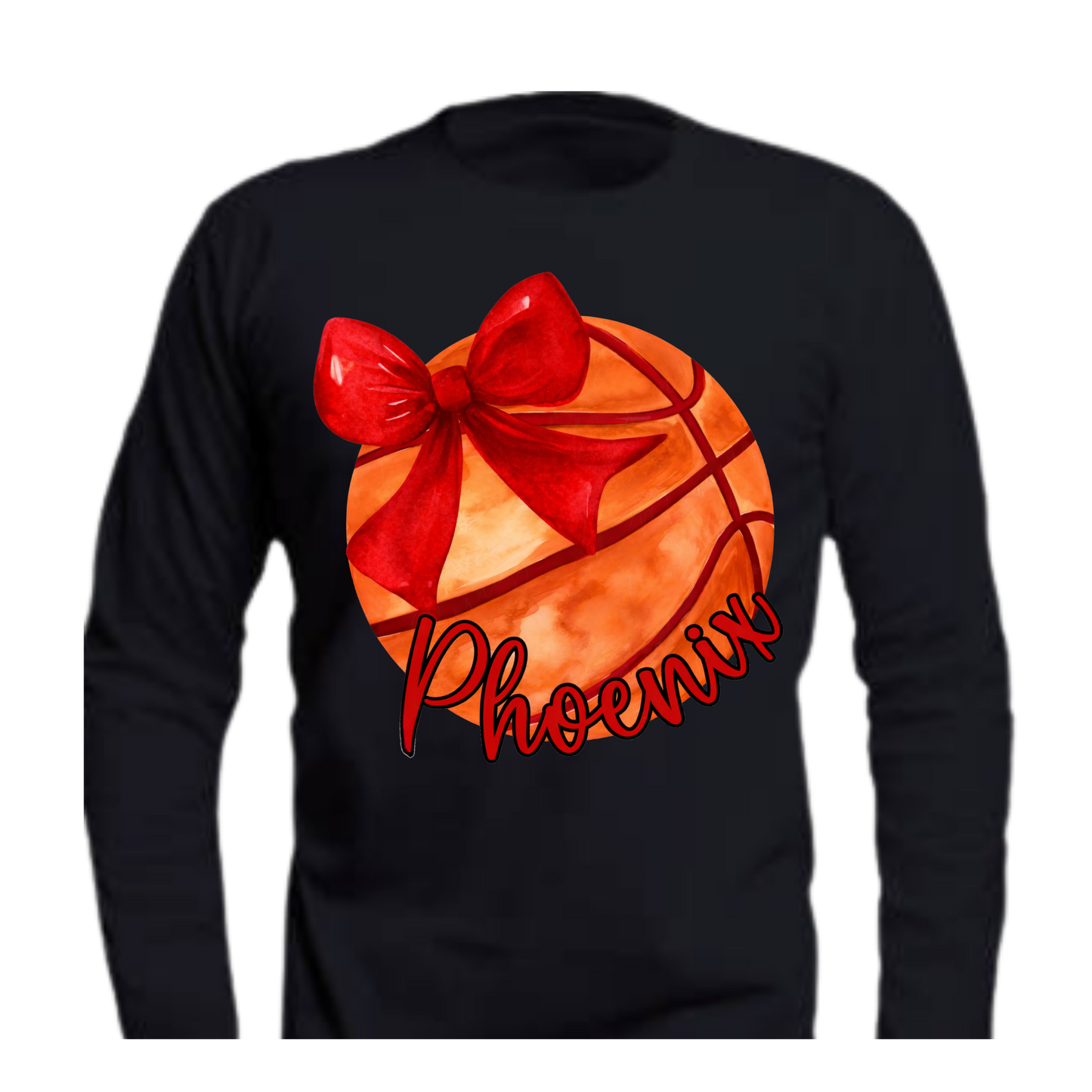 Black long-sleeve shirt with a basketball design featuring a red bow and 'Phoenix' text 