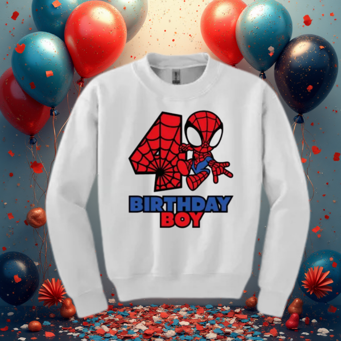 White sweatshirt with Spider-Man design and '4 Birthday Boy' text, surrounded by balloons and confetti.