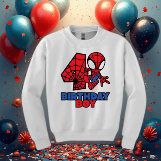 White sweatshirt with Spider-Man design and '4 Birthday Boy' text, surrounded by balloons and confetti.