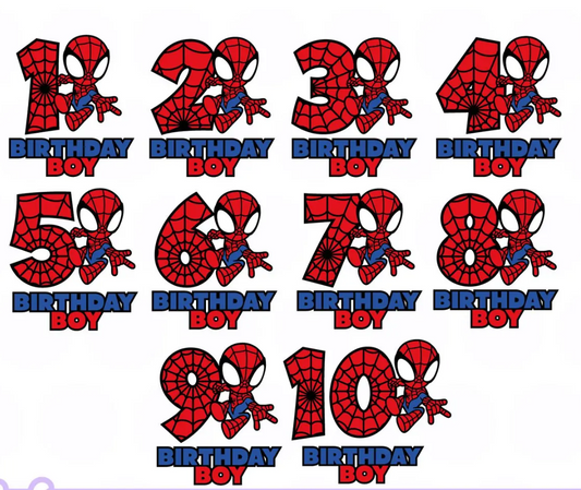 Spider-Man themed birthday number cutouts with 'Birthday Boy' text on a white background