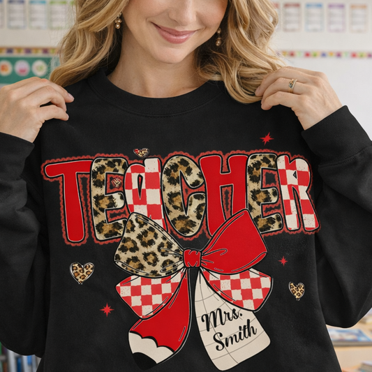Person wearing a black sweatshirt with decorative text and graphics in a classroom setting