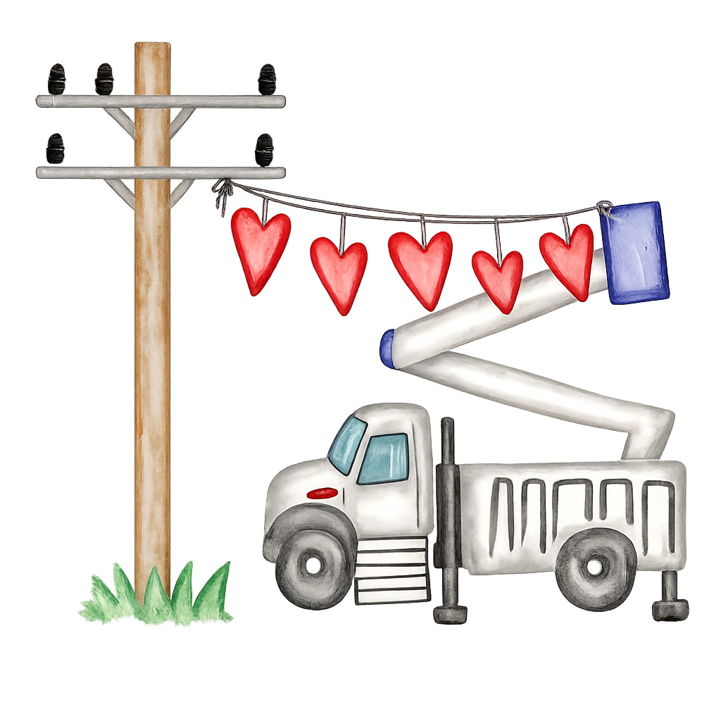 Valentine bucket truck DTF heat transfer with red heart garland hanging from utility pole, printed for DIY iron-on apparel application.
