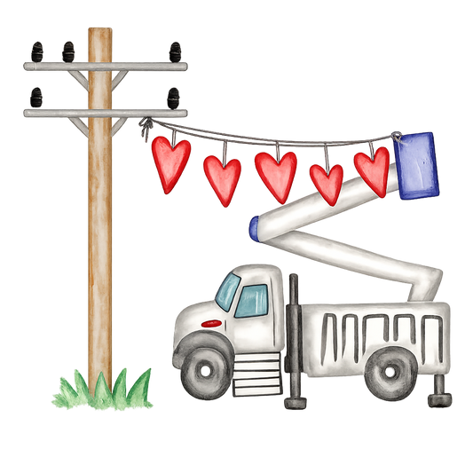 Valentine bucket truck DTF heat transfer with red heart garland hanging from utility pole, printed for DIY iron-on apparel application.