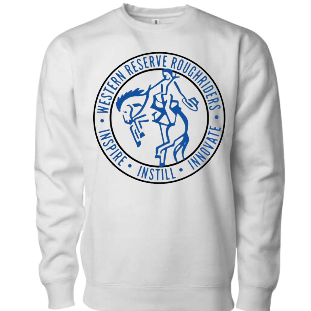 Western Reserve Roughriders white logo crewneck sweatshirt with blue graphic