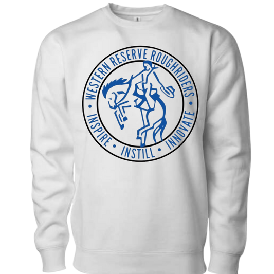 Western Reserve Roughriders white logo crewneck sweatshirt with blue graphic
