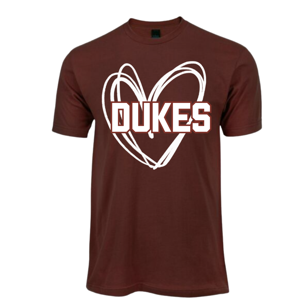 Brown t-shirt with a white heart and 'DUKES' text on a white background