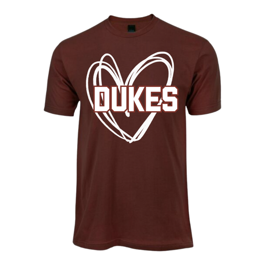 Brown t-shirt with a white heart and 'DUKES' text on a white background
